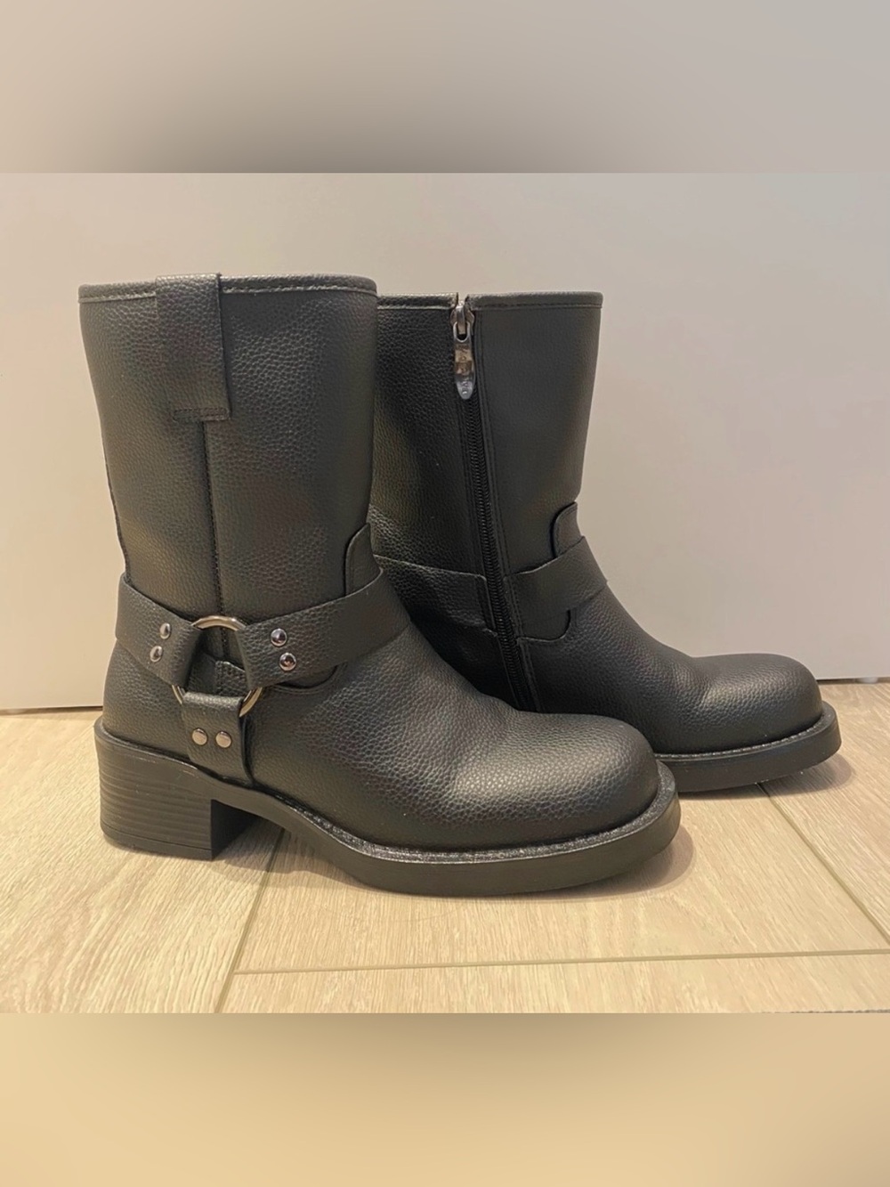 🪵 AquaDiva Black Leather Waterproof Mid-Calf Moto Harness Boots 🪵
